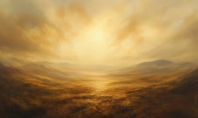 Fototapeta premium Golden landscape, hazy hills, sunlit valley.