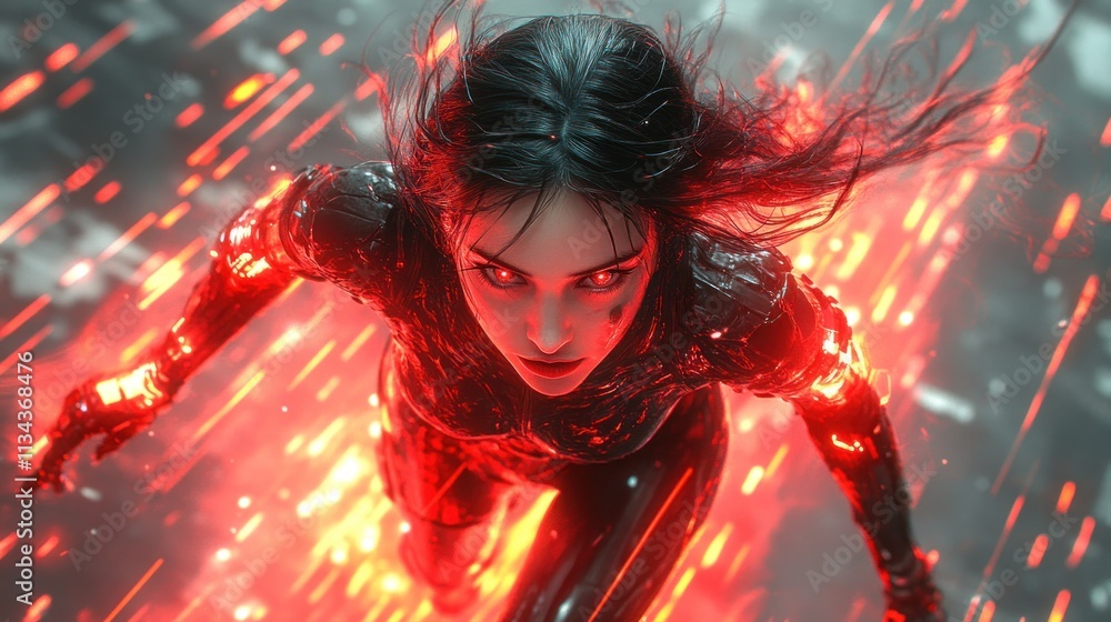 Poster fierce character with fiery effects in a dynamic pose