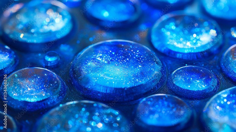 Poster blue droplets on a surface sparkle with a cosmic appearance in abstract composition
