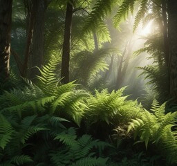 Obraz premium Dense foliage of ferns and trees filters sunlight creating a soft warm ambiance, dappled, warm, forest understory
