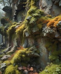 Mouldy forest walls with lichen and moss growth, natural, tree roots