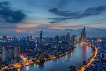 Obraz premium The skyline illuminates as night falls over the city, reflecting lights in the river while boats navigate gently. A mix of urban life and natural beauty unfolds.