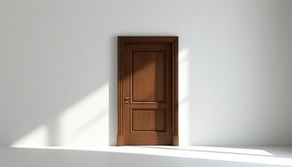 Elegant Brown Wooden Door with Sunlight Casting Shadows on White Wall Interior