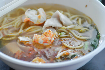 noodles with fish and shrimp or shrimp and fish noodles or Chinese noodles