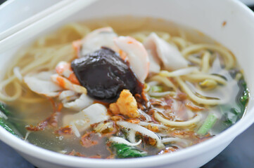 noodles with fish ball and blood jelly or fish ball noodles or Chinese noodles