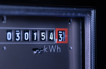Close-up analog electricity meter. Measuring used electricity in kWh ( kilowatt hour )