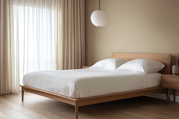 Minimalist Interior A modern interior of a bedroom, a residential bedroom with a bed and pendant lighting. Genetic AI
