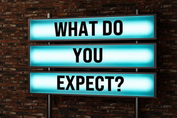 Obraz premium Black letters on a blue illumintaed light box, red brick wall. Requirements, expectation, problems, solutions, skill, recruitment. 3D illustration