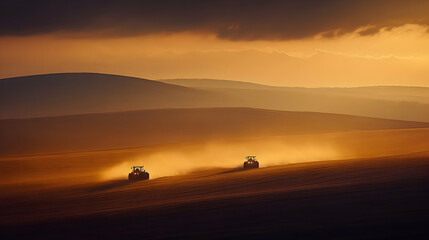 Fototapeta premium Sunset over farm field with tractors.