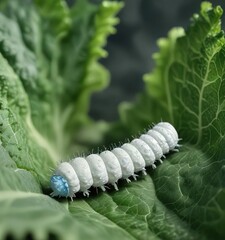 Fototapeta premium White caterpillar with blue-green veins on a cabbage leaf, white caterpillar, blue green veins, vegetable garden