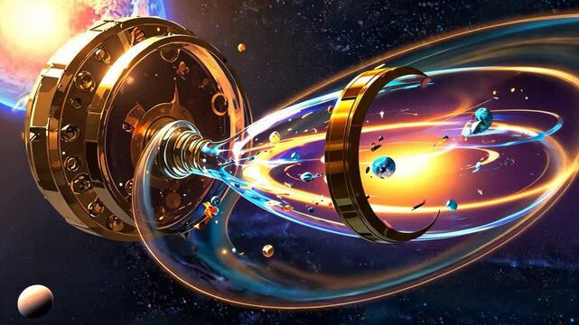 Video footage of futuristic device manipulates space time with swirling energy and celestial bodies, suggesting advanced technology and cosmic exploration