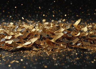 Gold glitter scattered on a dark background with silver and black specks, festive decor, speckled, black