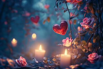 valentines day scene with hearts and candles