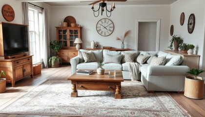 A cozy and well-decorated living room with a large sectional sofa, wooden coffee table, and various decorative elements such as a chandelier, wall clocks, and potted plants.