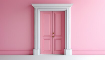 Elegant Pink Door with White Trim against a Pastel Pink Wall in a Bright Interior Setting