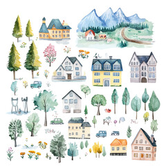 Fototapeta premium Charming Watercolor Village Scene with Mountain Backdrop