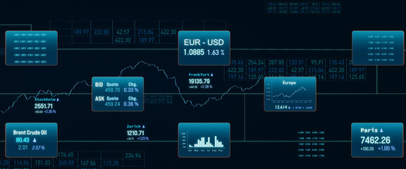 Trading and investment data on the screen, stock market and exchange charts and data. Financial figures, equity, commodity, prices. Concept, illustration.