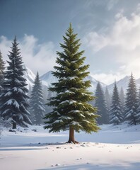 Large fir tree standing alone on a snowy background , coniferous, christmas tree, frosty landscape