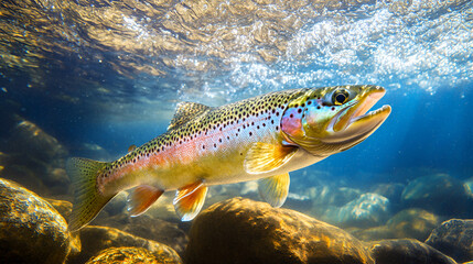 Large Napoleon wrasse or Maori fish swimming placidly on a reef, surrounded by other smaller fish poisson rouge et bulles, Generative AI
