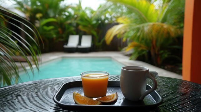Tropical Poolside Breakfast With Orange Juice and Coffee
