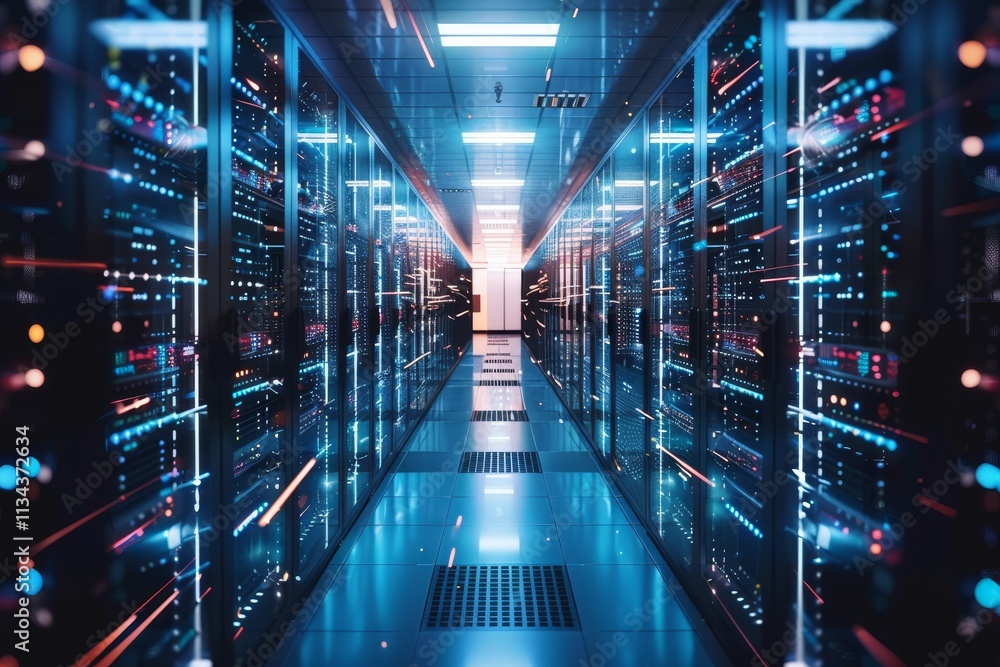 Poster rows of server racks glow with blue and white lights in a data center, highlighting the advanced tec