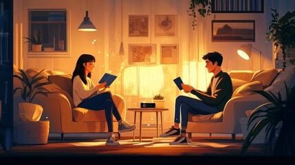 Fototapeta premium Couple reads books, cozy evening, warm lighting, comfortable chairs.