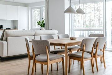 Fototapeta premium A dining room with minimalist, white-finished walls and a Scandinavian interior design with a view of the living room. Generative AI 