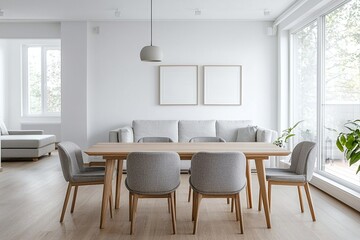 Fototapeta premium A dining room with minimalist, white-finished walls and a Scandinavian interior design with a view of the living room. Generative AI 