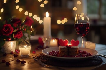 A beautifully arranged dinner table features a heart-shaped dessert, red roses, and soft candlelight. The warm glow creates a romantic atmosphere perfect for a special evening.