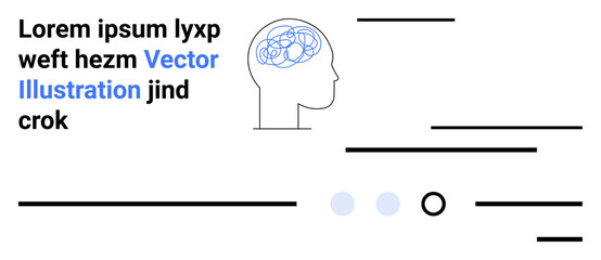 Human head outline with brain illustration, scattered text elements, and minimalist lines in black and blue. Ideal for educational content, scientific presentation, mental health awareness, cognitive