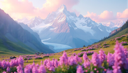 Majestic snow-capped mountains, Colorful sunset sky, Pink and purple wildflowers meadow, Alpine landscape