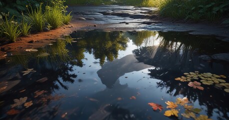 Obraz premium Serene puddle reflecting the beauty of nature, reflection, serene