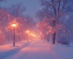 Winter nights showcase a blizzard with snowy streets and rime-velvet branches under light purple and pink hues