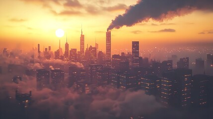 Naklejka premium Urban Air Pollution at Sunset in 16K Resolution: Ultra Photorealistic View