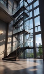 Obraz premium Tall glass tower with a spacious stairwell and elegant railings, high-rise building, skyscraper