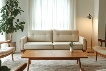 Minimalist, Midcentury Modern Interior Design in the Living Room of a House with Sofa and Table. Generative AI
