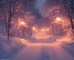 Winter nights showcase a blizzard with snowy streets and rime-velvet branches under light purple and pink hues