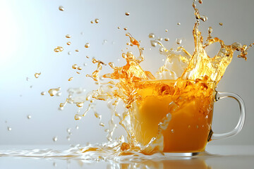 Tea splashing from a glass cup.