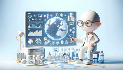 3D Scientist analyzing data on transparent screen and copy space concept as Scientist examines data on a transparent screen in a high tech lab representing human centered technology in research; ample