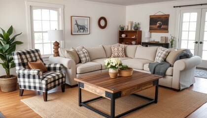 A cozy living room with a large sectional sofa, a wooden coffee table, and a checkered armchair. The room is decorated with various items such as a potted plant, a vase, and a picture frame.