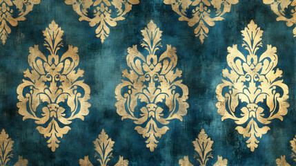 Teal and gold damask pattern background texture.