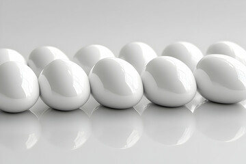 Ten glossy white eggs in a row on a reflective surface.