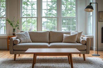 Modern minimalist interiors in residential living rooms with windows visible and sofas and tables. Generative AI
