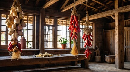 Crafted with care, woven bundles of garlic, onions, and vibrant dried spices create a rustic ambiance in a charming wooden kitchen
