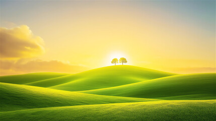 Bright green hills under a golden sunrise, symbolizing renewal and optimism. Perfect for designs celebrating growth, positivity, or beginnings with copy space.