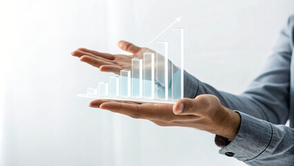 a businessman showing a hologram graph on his hand, business growth