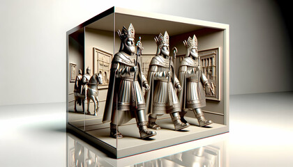 3D Reyes Magos in a modern art gallery with glossy background and copy space concept as Artistic scene of Reyes Magos in a modern art gallery complemented by a glossy background that emphasizes contem
