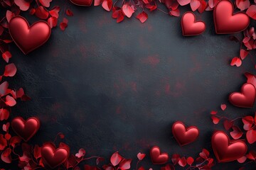 A dark background is adorned with vibrant red hearts and delicate leaves, perfect for romantic themes and celebrations like Valentines Day or anniversaries.