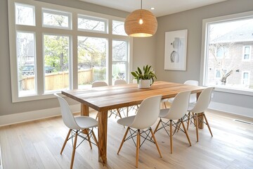 Fototapeta premium A Scandinavian interior design dining room with minimalist, neutral color palette dining table and interior finish. Generative AI 