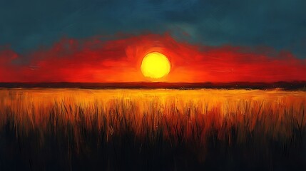 Fototapeta premium Fiery Sunset Over Golden Grassland Landscape